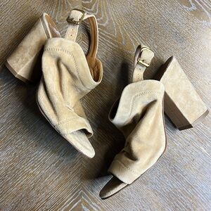 THE SELLER Tan Suede Leather Slouch Block Heel Sandals 38
